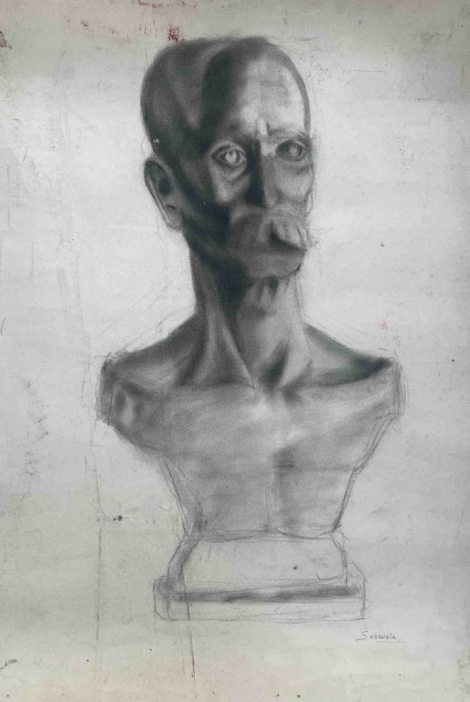 JEHANGIR SABAVALA (INDIAN, 1922-2011) ‚ CHARCOAL DRAWING OF A MAN: JEHANGIR SABAVALA (INDIAN, 1922-2011) ‚ CHARCOAL DRAWING OF A MAN A RARE AND EARLY CHARCOAL DRAWING BY RENOWNED INDIAN MODERNIST JEHANGIR SABAVALA, DEPICTING THE BUST OF A MAN SUPPORTED ON A