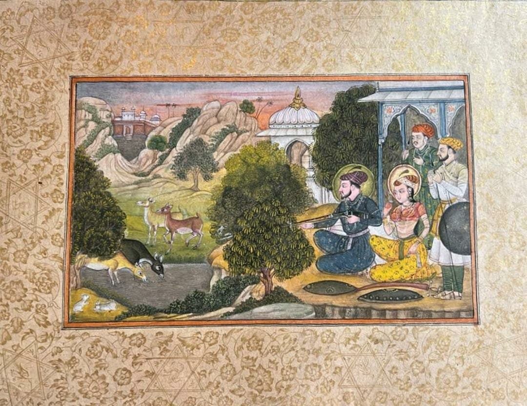 MUGHAL SCHOOL — COURTLY SCENE WITH FIGURES AND ANIMALS 31 x 23 CM: MUGHAL SCHOOL, GOUACHE ON PAPER, DEPICTING AN ELEGANT COURTLY AND PASTORAL SCENE WITH ROYAL FIGURES, MUSICIANS AND ATTENDANTS SET WITHIN A LUSH LANDSCAPE. THE COMPOSITION FEATURES STYLIZED TREES,