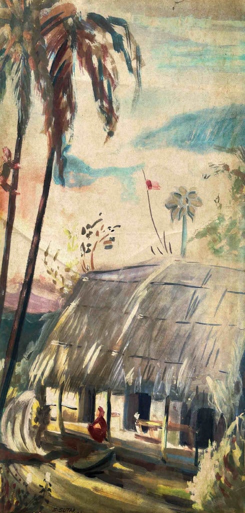 SUDHANSHU B SUTAR (B 1969) | WATERCOLOR AND GOUACHE ON PAPER | MID-20TH CENTURY: AN EXPRESSIVE AND VIBRANT DEPICTION OF A TROPICAL LANDSCAPE, FEATURING TWO TALL PALM TREES ON THE LEFT FRAMING A THATCHED-ROOF HUT IN THE MIDDLE GROUND. A SMALL FIGURE IN A RED GARMENT IS SEATED NEAR