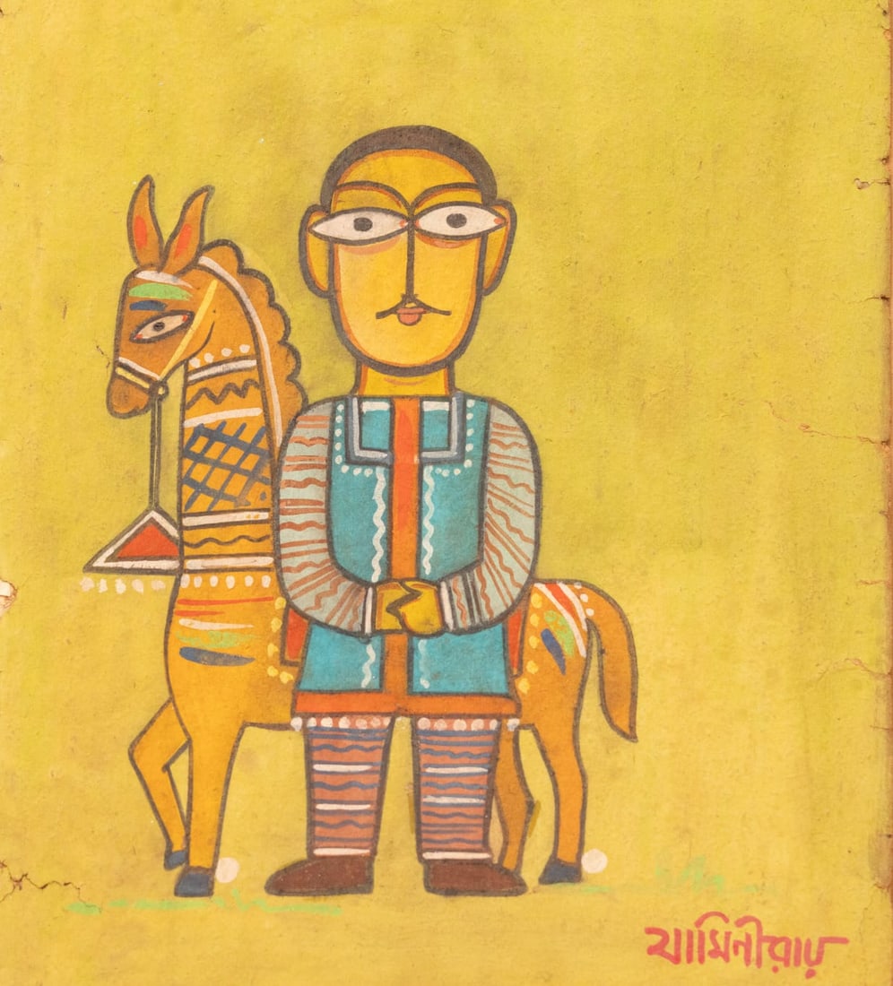 JAMINI ROY (1887-1972) GOUACHE ON BOARD 15.5 X 26: JAMINI ROY (1887–1972) – FIGURE WITH HORSE, GOUACHE ON BOARDA DISTINCTIVE GOUACHE ON BOARD BY JAMINI ROY (1887–1972), DEPICTING A STYLIZED FIGURE STANDING BESIDE A DECORATIVELY ADORNED HORSE.