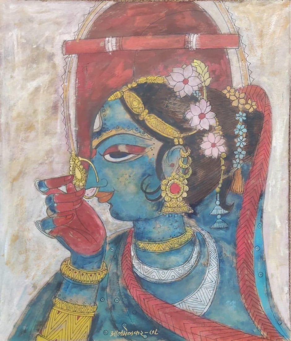 A. A. ALMELKAR (INDIA, 1920–1982) WATERCOLOUR ON PAPER BLUE-FACED WOMAN WITH ORNAMENTS 1978: THIS EXPRESSIVE COMPOSITION DEPICTS A STYLISED FEMALE FIGURE IN PROFILE, RENDERED IN ALMELKAR’S DISTINCTIVE MODERNIST IDIOM. THE FIGURE, CHARACTERISED BY A STRIKING BLUE COMPLEXION, IS ADORNED WITH