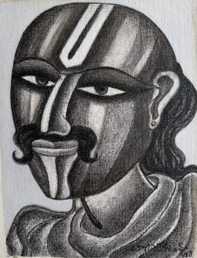 THOTA VAIKUNTAM (B. 1942) ACRYLIC ON CANVAS HEAD OF A TELANGANA MAN: THIS STRIKING PORTRAIT BY THOTA VAIKUNTAM (B. 1942) EXEMPLIFIES THE ARTIST’S ICONIC VISUAL LANGUAGE, ROOTED IN THE RURAL CULTURE AND IDENTITY OF TELANGANA. THE COMPOSITION PRESENTS A POWERFUL MALE