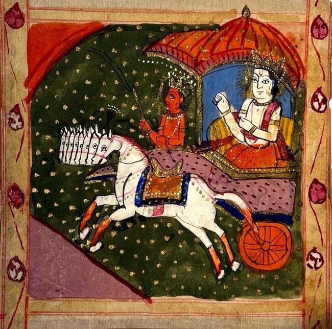 18th/19th Century RAVANA’S DIVINE CHARIOT – INDIAN MINIATURE PAINTING: A VIBRANT MINIATURE PAINTING DEPICTING RAVANA, THE TEN-HEADED DEMON KING FROM THE RAMAYANA, RIDING HIS CELESTIAL CHARIOT. THE WHITE HORSE AT THE FRONT IS FANTASTICAL, ILLUSTRATED WITH TEN HEADS – SY
