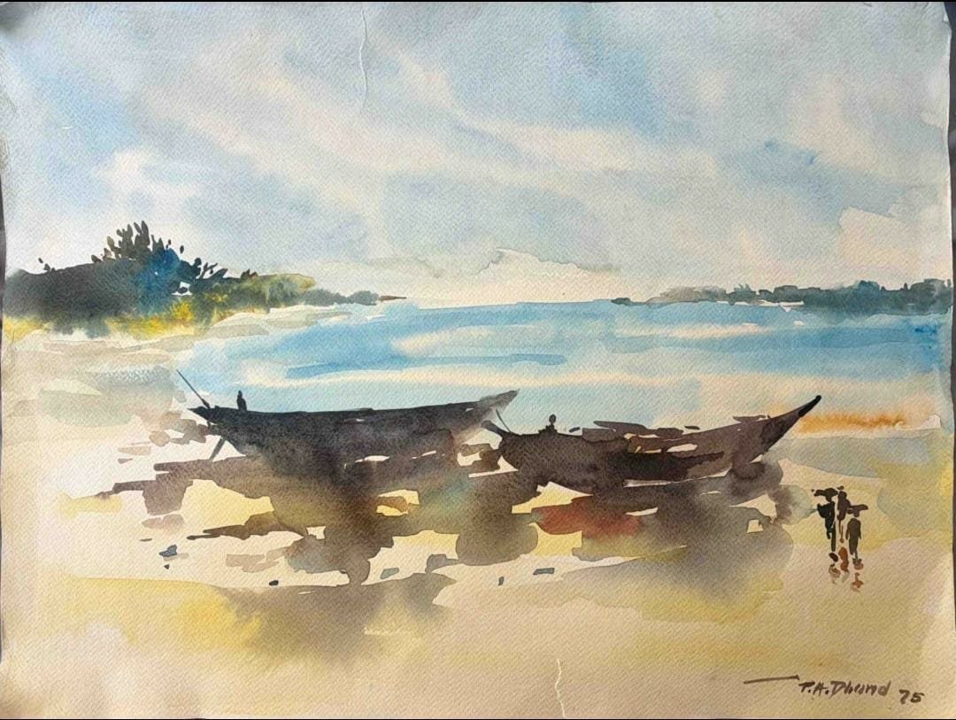 P. A. DHOND (INDIAN, 20TH CENTURY) – FISHING BOATS AT LOW TIDE – WATERCOLOUR ON PAPER, SIGNED: P. A. DHOND (INDIAN, 20TH CENTURY) – FISHING BOATS AT LOW TIDE – WATERCOLOUR ON PAPER, SIGNED AND DATED "P.A. DHOND '75" LOWER RIGHT A LUMINOUS COASTAL WATERCOLOUR DEPICTING TWO BEACHED FISHING