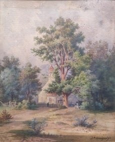 J P GANGOOLY (1876–1953) WATERCOLOUR ON CARDBOARD CHURCH IN A WOODED LANDSCAPE: THIS WATERCOLOUR ON CARDBOARD BY JAMINI PRAKASH GANGOOLY (1876–1953) DEPICTS A SERENE RURAL LANDSCAPE DOMINATED BY TALL, LUMINOUS TREES AND A SMALL CHURCH NESTLED QUIETLY IN THE MIDGROUND. THE