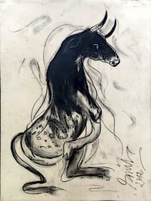 SUNIL DAS (INDIA, 1939–2015) CHARCOAL ON PAPER UNTITLED (BULL): THIS POWERFUL CHARCOAL DRAWING DEPICTS A BULL IN A STATE OF TENSE ALERTNESS, CAPTURED WITH ECONOMY OF LINE AND RAW EXPRESSIVE FORCE. SUNIL DAS EMPLOYS BOLD, GESTURAL STROKES AND DEEP TONAL CONTRASTS