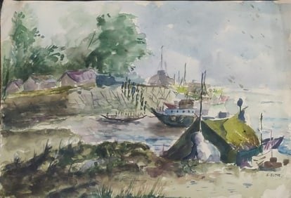 S. SUTHAR (INDIA) WATERCOLOUR ON PAPER RIVERSIDE WITH BOATS (1 of 1)