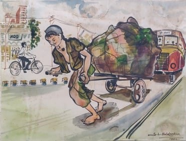 SAWLARAM LAKSHMAN HALDANKAR (INDIA, 1882–1968) WATERCOLOUR ON CARDBOARD / PAPER: THIS LIVELY WATERCOLOR COMPOSITION DEPICTS A STREET LABOURER STRAINING FORWARD AS HE PULLS A HEAVILY LOADED HANDCART THROUGH AN URBAN STREET. HALDANKAR CAPTURES THE DYNAMISM OF EVERYDAY CITY LIFE
