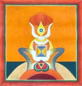 GULAM RASOOL SANTOSH (INDIA, 1929–1997) OIL ON CANVAS UNTITLED (TANTRIC ABSTRACTION) 1987: THIS STRIKING ABSTRACT COMPOSITION EXEMPLIFIES GULAM RASOOL SANTOSH’S DISTINCTIVE TANTRIC VISUAL LANGUAGE, ROOTED IN SPIRITUAL SYMBOLISM AND GEOMETRIC ORDER. THE PAINTING IS STRUCTURED AROUND A CENT