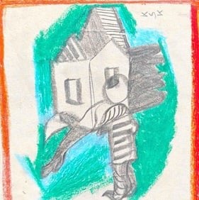 K.S. KULKARNI (INDIA, 1916–1994) PASTEL ON PAPER ABSTRACT FIGURE WITH ARCHITECTURAL FORMS: THIS COMPOSITION BY K.S. KULKARNI PRESENTS A STYLIZED, ALMOST MECHANICAL FIGURAL FORM INTERWOVEN WITH GEOMETRIC AND ARCHITECTURAL ELEMENTS. RENDERED IN SOFT PASTEL AND GRAPHITE, THE FIGURE APPEARS BOT