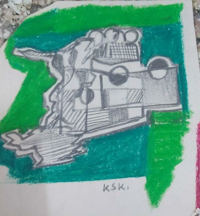 K. S. KULKARNI — ABSTRACT FIGURATIVE COMPOSITION: A DISTINCTIVE ABSTRACT FIGURATIVE COMPOSITION BY K. S. KULKARNI, EXECUTED IN PENCIL WITH VIBRANT GREEN AND TEAL ACCENTS. THE WORK FEATURES A DYNAMIC, SKETCH-LIKE FORM COMBINING GEOMETRIC ELEMENTS, CUR