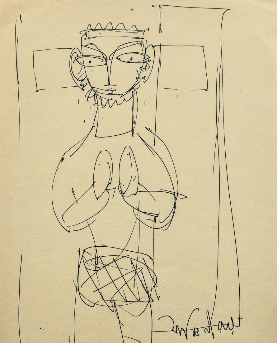 JAMINI ROY SKETCHES (1887-1972) 21.5 x 17 cm: JAMINI ROY SKETCHES (1887-1972) 21.5 x 17 cm A PEN-AND-INK FIGURATIVE SKETCH BY JAMINI ROY (1887–1972), EXECUTED ON PAPER, MEASURING 21.5 × 17 CM. THE WORK FEATURES TWO STYLIZED HUMAN FIGURES