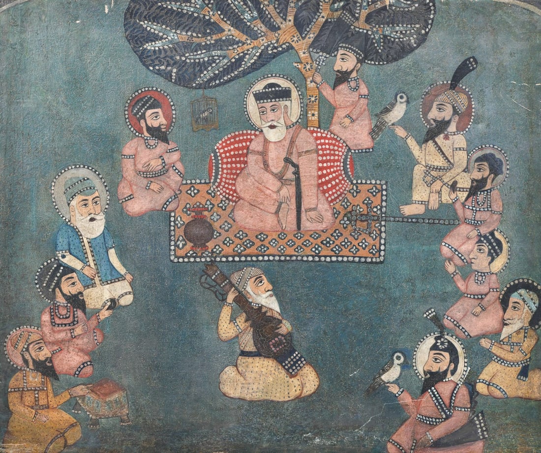 SIKH SCHOOL, TEMPERA ON CLOTH, LATE 18TH CENTURY/EARLY 19TH CENTURY: SIKH SCHOOL, TEMPERA ON CLOTH, LATE 18TH CENTURY/EAR;Y 19TH CENTURY Depicting the ten gurus with Mardana playing the rabab 23 x 20 inches Property of a Sikh Gentleman