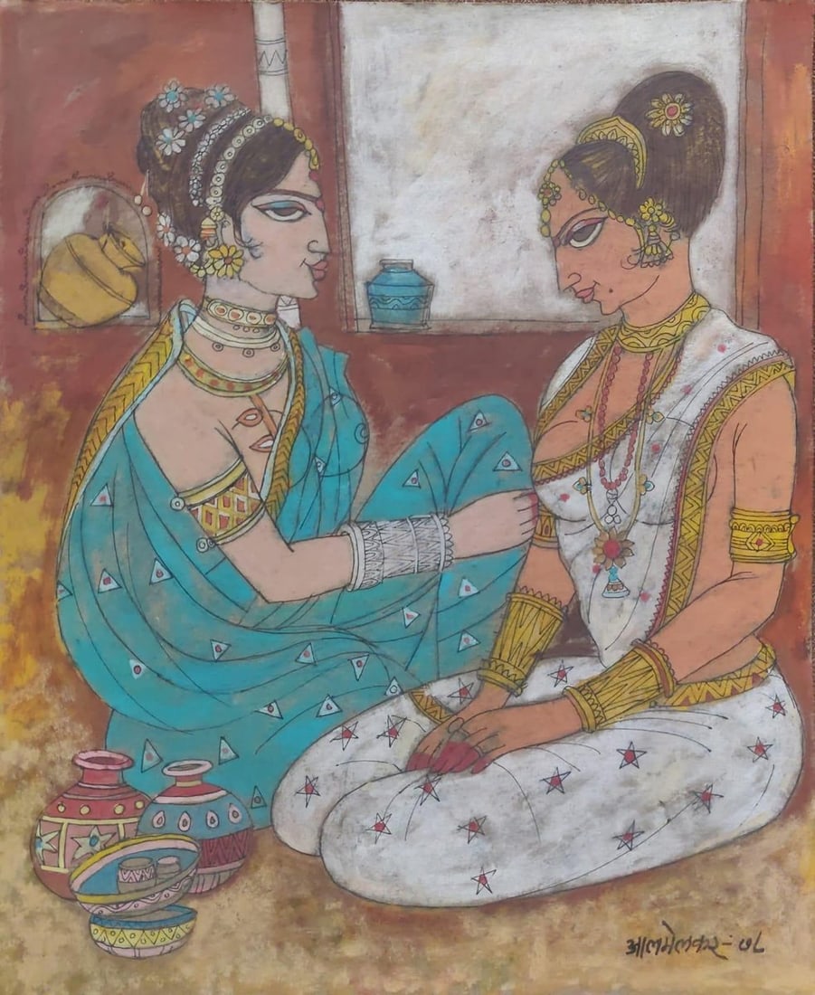 A. A. ALMELKAR (INDIA, 1920–1982) WATERCOLOUR ON PAPER TWO WOMEN IN AN INTERIOR 1978 (1 of 1)