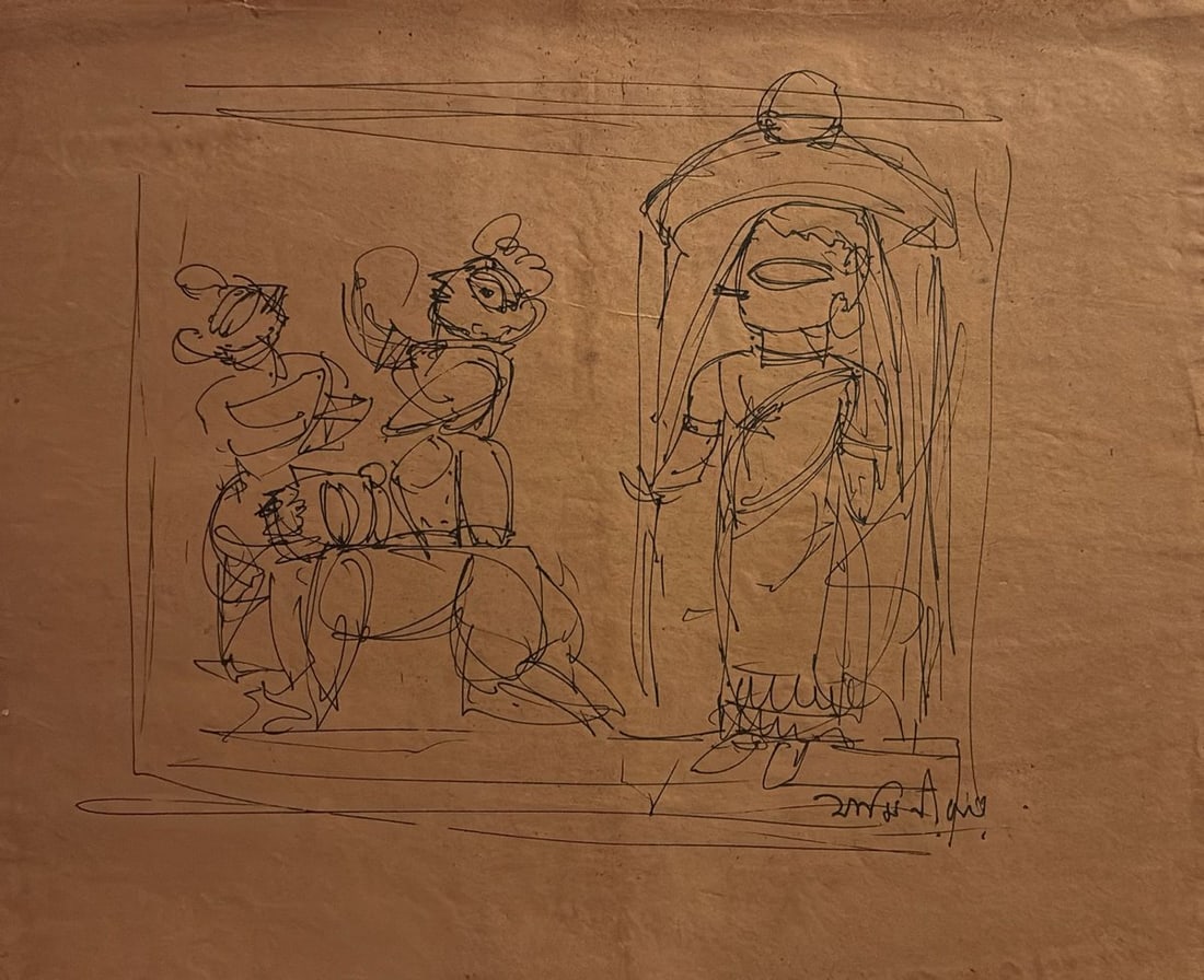 JAMINI ROY (1887-1972) | UNTITLED | INK ON BROWN PAPER | MID-20TH CENTURY (CIRCA 1950S): AN ORIGINAL INK LINE DRAWING ON BROWN PAPER BY INDIAN MODERN MASTER JAMINI ROY (1887-1972). CHARACTERIZED BY HIS DISTINCTIVE, FLUID CALLIGRAPHIC LINES INSPIRED BY BENGALI FOLK ART TRADITIONS, THE SKET
