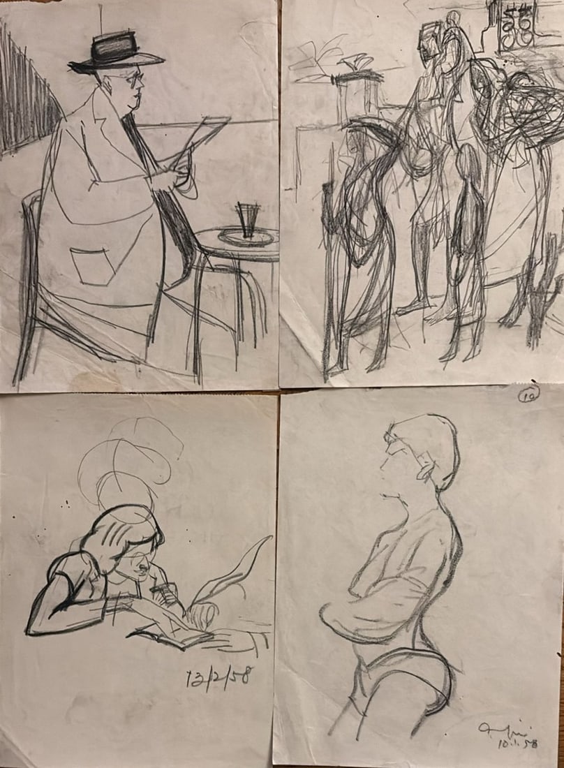 ADINATH MUKHERJEE | UNTITLED | PENCIL AND CHARCOAL ON PAPER | MID-20TH CENTURY (DATED 1958): A GROUP OF FOUR MID-CENTURY MODERN FIGURATIVE STUDIES ON PAPER, COMPRISING: A SEATED GENTLEMAN IN A HAT READING AT A TABLE; A STYLIZED GROUP OF STANDING FIGURES; A FIGURE WRITING AT A DESK, DATED 13/2