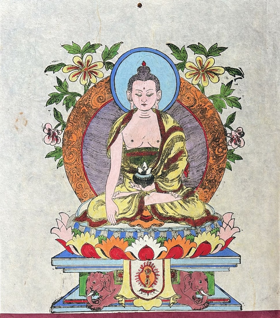 UNTITLED | HAND-COLORED WOODBLOCK PRINT ON HANDMADE PAPER | LATE 19TH TO EARLY 20TH CENTURY: A TIBETAN HAND-COLORED WOODBLOCK PRINT DEPICTING SHAKYAMUNI BUDDHA. THE HISTORICAL BUDDHA IS SHOWN SEATED IN DHYANASANA (LOTUS POSITION) ON A LOTUS THRONE SUPPORTED BY A PEDESTAL ADORNED WITH