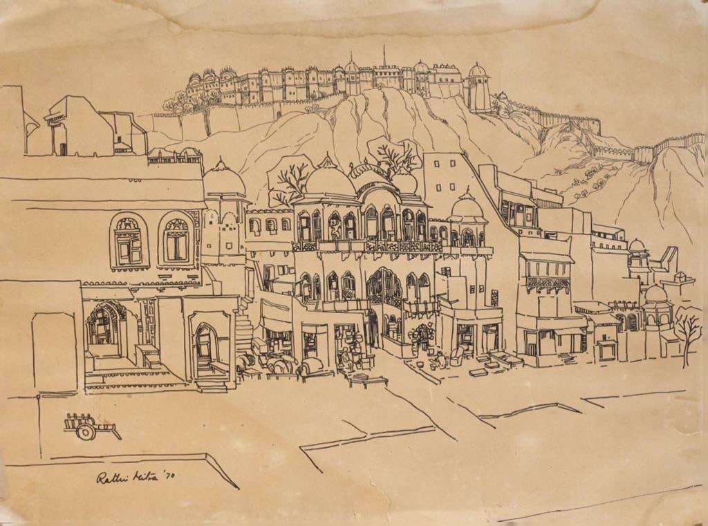 RATHIN MAITRA (1913-1997) IN 20TH CENTURY ART: PAINTINGS AND ORIGINAL WORKS.: RATHIN MAITRA (1913-1997) TOWNSCAPE SIGNED AND DATED RATHIN MAITRA '70 (LOWER LEFT) FELT PEN ON PAPER 48 X 64 CM A DETAILED ARCHITECTURAL TOWNSCAPE DEPICTING A HISTORIC INDIAN HILL-TOWN SETTING, WITH