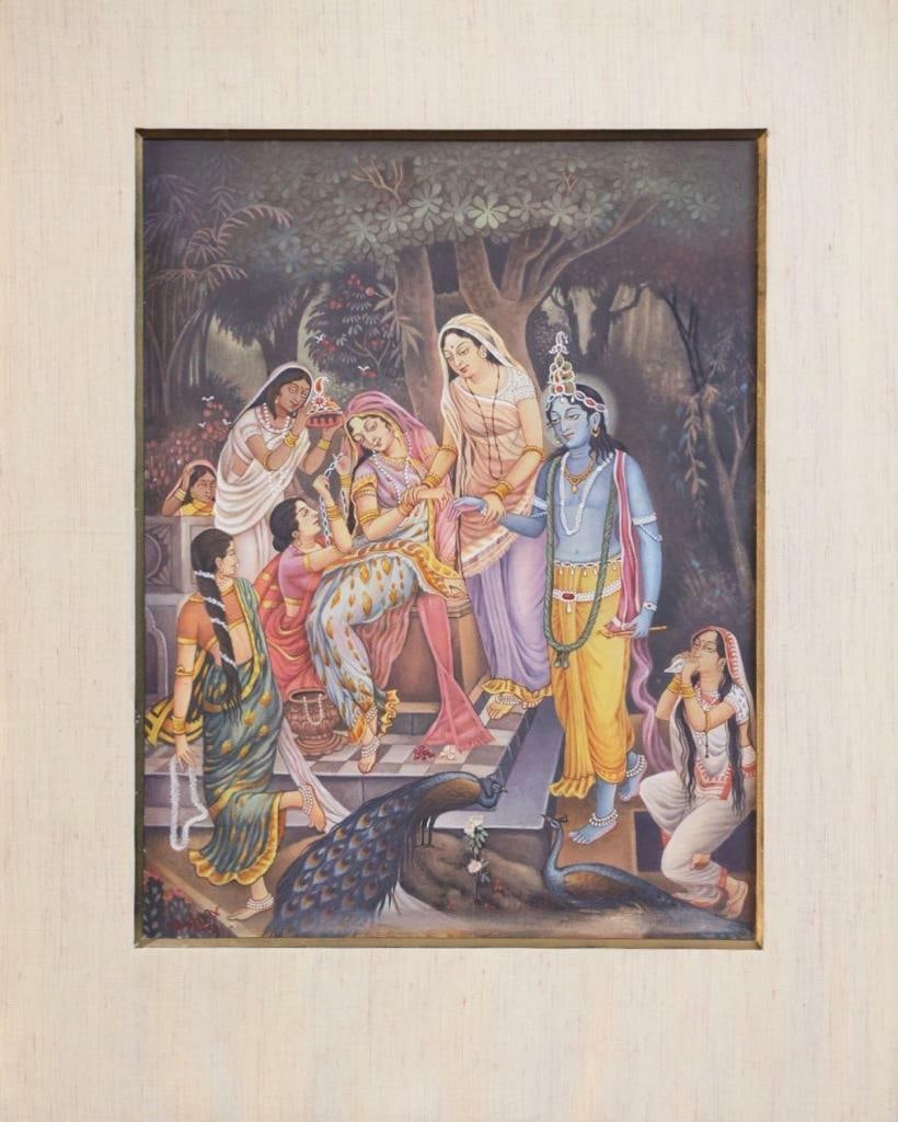 ALLAH BUX (1895-1978) IN 20TH CENTURY ART: PAINTINGS AND ORIGINAL WORKS.: ALLAH BUX (1895-1978) UNTITLED SIGNED AND DATED ALLAH BUX 1961 (LOWER LEFT) WATERCOLOUR AND GOUACHE ON PAPER 48 X 38 CM A VIBRANT MYTHOLOGICAL FIGURAL SCENE DEPICTING LORD KRISHNA SURROUNDED BY GOPIS