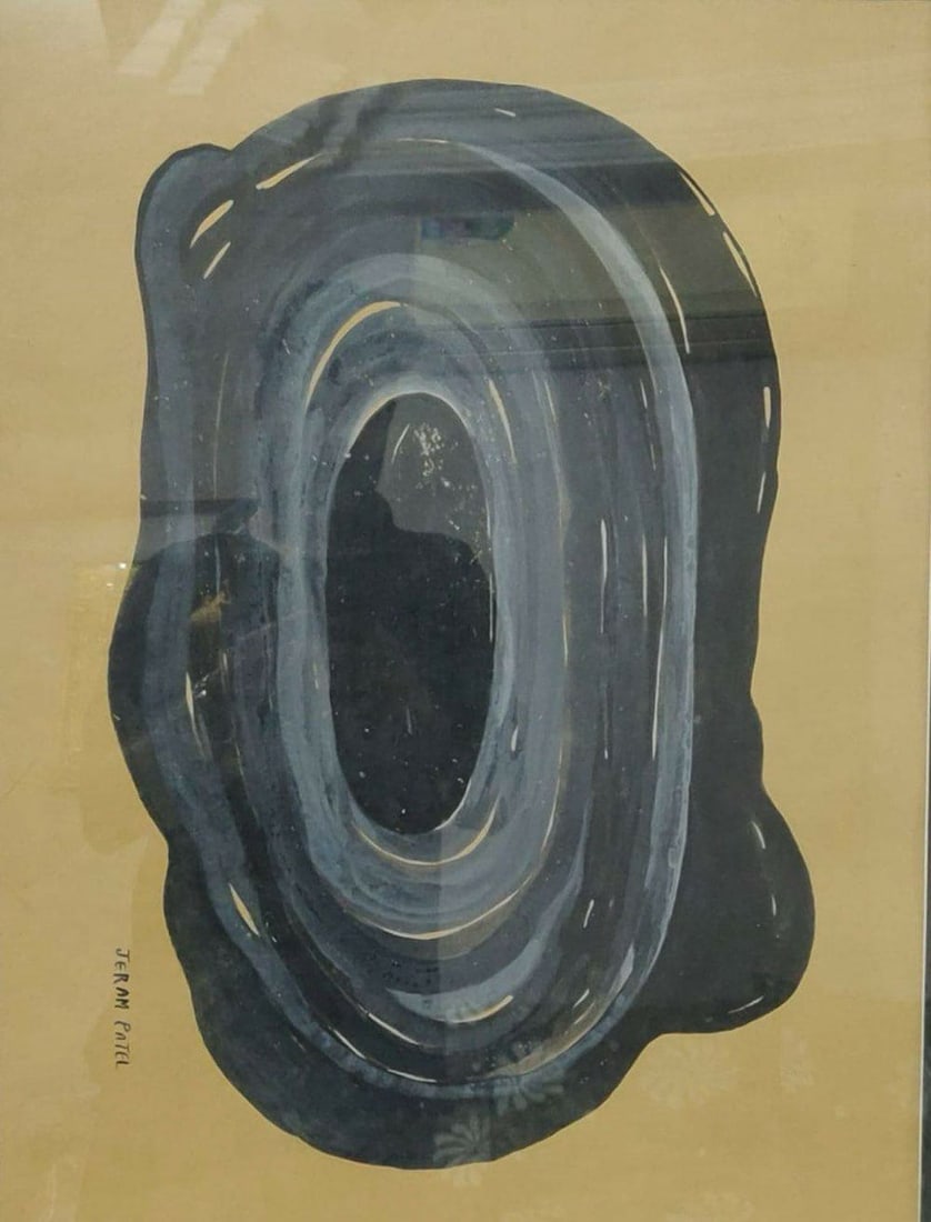 JERAM PATEL (1930-2016) INK & ACRYLIC ON PAPER. UNTITLED 83 x 63 CM: JERAM PATEL (1930–2016), EXECUTED IN INK AND ACRYLIC ON PAPER. THE ABSTRACT COMPOSITION FEATURES A DOMINANT, OVAL, ORGANIC FORM BUILT FROM CONCENTRIC, FLUID LAYERS OF DEEP BLACK, CHARCOAL, GREY, AND