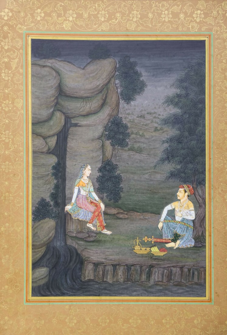 A FINELY EXECUTED GOUACHE PAINTING ON PAPER DEPICTING A ROMANTIC COUPLE IN A MOUNTAINOUS LANDSCAPE: A FINELY EXECUTED GOUACHE PAINTING ON PAPER DEPICTING A ROMANTIC COUPLE IN A MOUNTAINOUS LANDSCAPE, RENDERED WITH GRACE AND DETAIL. THE PAINTING IS SET WITHIN A HAND-PAINTED, GILT-STYLISED MOTIF