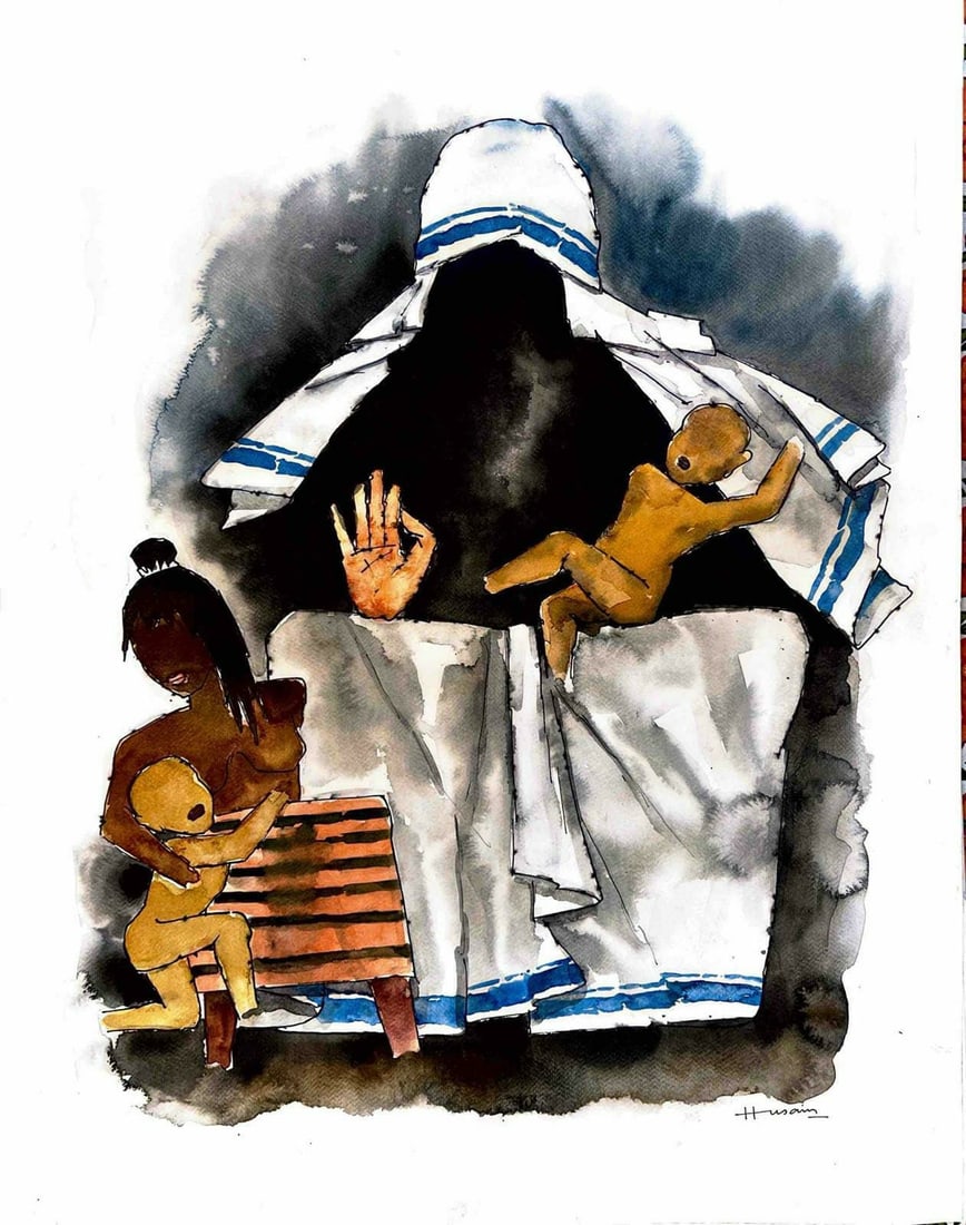 MAQBOOL FIDA HUSAIN (1915-2011) WATERCOLOUR ON PAPER, SIGNED BOTTOM RIGHT 30 X 22 INCHES: MAQBOOL FIDA HUSAIN (1915-2011) WATERCOLOUR ON PAPER, SIGNED BOTTOM RIGHT 30 X 22 INCHES A STRIKING AND EXPRESSIVE WATERCOLOUR DEPICTING A VEILED FEMALE FIGURE IN A WHITE SARI WITH BLUE BORDERS, SURRO