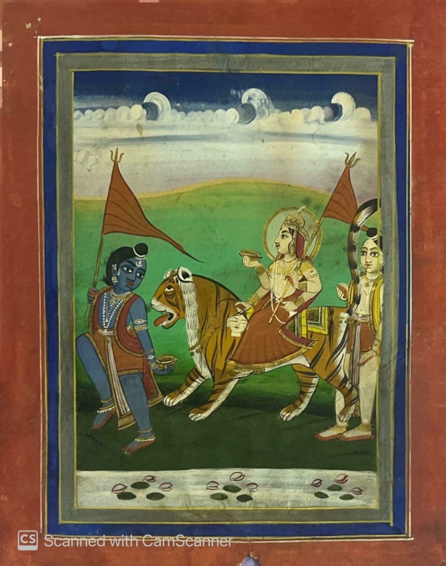 INDIAN JAIPUR SCHOOL PAINTING OF DEVI SERIES: DURGA GOING TO WAR WITH MAHISASURA RIDING A LION (18TH (1 of 1)