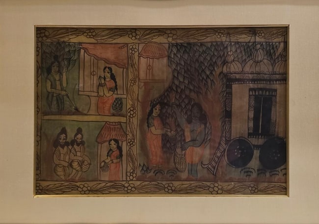 DEVOTIONAL JOURNEY THROUGH THE FOREST - RARE BENGAL PATACHITRA NARRATIVE PANEL - EARLY TO MID: EXPERIENCE THE SPIRITUAL STORYTELLING TRADITION OF RURAL BENGAL THROUGH THIS RARE, HAND-PAINTED PATACHITRA PANEL, DATING TO THE EARLY TO MID 20TH CENTURY. THIS VIBRANT WORK ILLUSTRATES A MULTI-SCENE