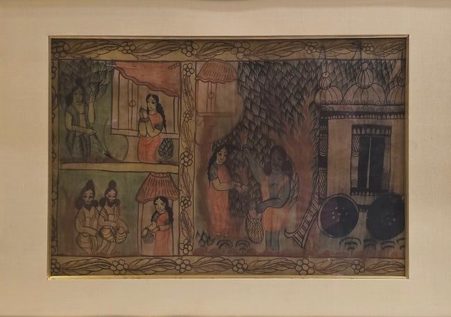 DEVOTIONAL JOURNEY THROUGH THE FOREST - RARE BENGAL PATACHITRA NARRATIVE PANEL - EARLY TO MID - 3