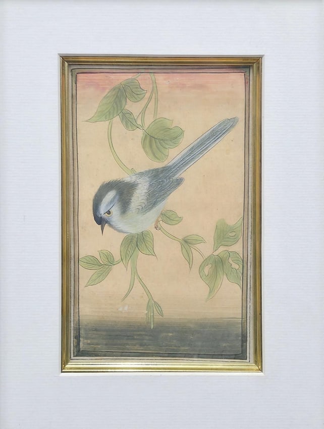 19TH-CENTURY INDIAN GOUACHE MINIATURE OF A PERCHED BIRD, POSSIBLY A TITMOUSE, ON FLORAL VINE: 19TH-CENTURY INDIAN GOUACHE MINIATURE OF A PERCHED BIRD, POSSIBLY A TITMOUSE, ON FLORAL VINE - GOUACHE ON PAPER. A FINE AND DELICATELY RENDERED MINIATURE PAINTING, EXECUTED IN OPAQUE WATERCOLOR (GOUAC