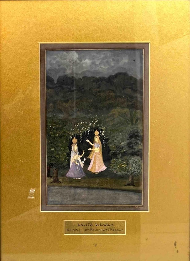 LALITA VISHAKHA INDIAN MINIATURE PAINTING BY RAMESHWAR PRASAD, 15 _ 19 INCHES: PHAD PAINTING - PABUJI KI PHAD.SIZE: 15 _ 19 IN DESCRIPTION: THIS MAGNIFICENT INDIAN MINIATURE PAINTING BY RENOWNED ARTIST RAMESHWAR PRASAD DEPICTS LALITA AND VISHAKHA, THE CLOSE COMPANIONS OF RADHA,
