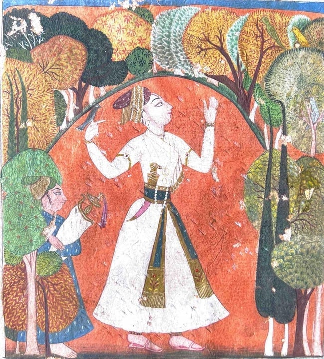 ROYAL FIGURE IN A GARDEN WITH ATTENDANT 7.5 X 8 IN: ROYAL FIGURE IN A GARDEN WITH ATTENDANT. DESCRIPTION: THIS VIBRANT MINIATURE PAINTING SHOWCASES A MAJESTIC ROYAL FIGURE DRESSED IN AN ELEGANT WHITE ROBE, STANDING IN A LUSH GARDEN SETTING AGAINST A