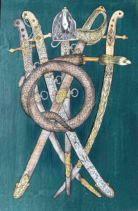 SYMBOLIC ASSEMBLAGE OF INDIAN SWORDS AND HELMET 8 X 11 IN: SYMBOLIC ASSEMBLAGE OF INDIAN SWORDS AND HELMETDESCRIPTION:THIS ILLUSTRATION SHOWCASES A COLLECTION OF TRADITIONAL INDIAN SWORDS AND A HELMET, ARRANGED IN A CROSS-LIKE FORMATION ON A DARK TEAL