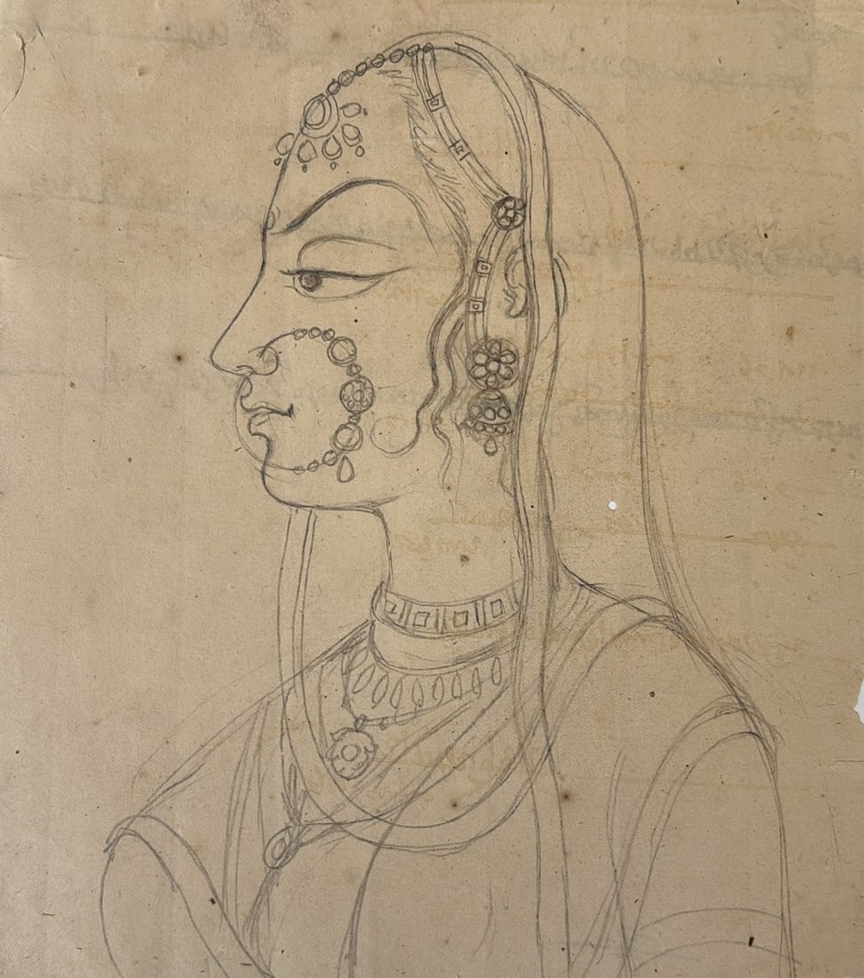 ROYAL BANTHANI - KISHANGARH SKETCH: ROYAL BANTHANI - KISHANGARH SKETCH A DELICATE PENCIL DRAWING OF A BANTHANI WOMAN IN PROFILE, INSPIRED BY THE KISHANGARH SCHOOL OF INDIAN MINIATURE PAINTING. THIS ARTWORK CAPTURES THE SIGNATURE ELEGANC