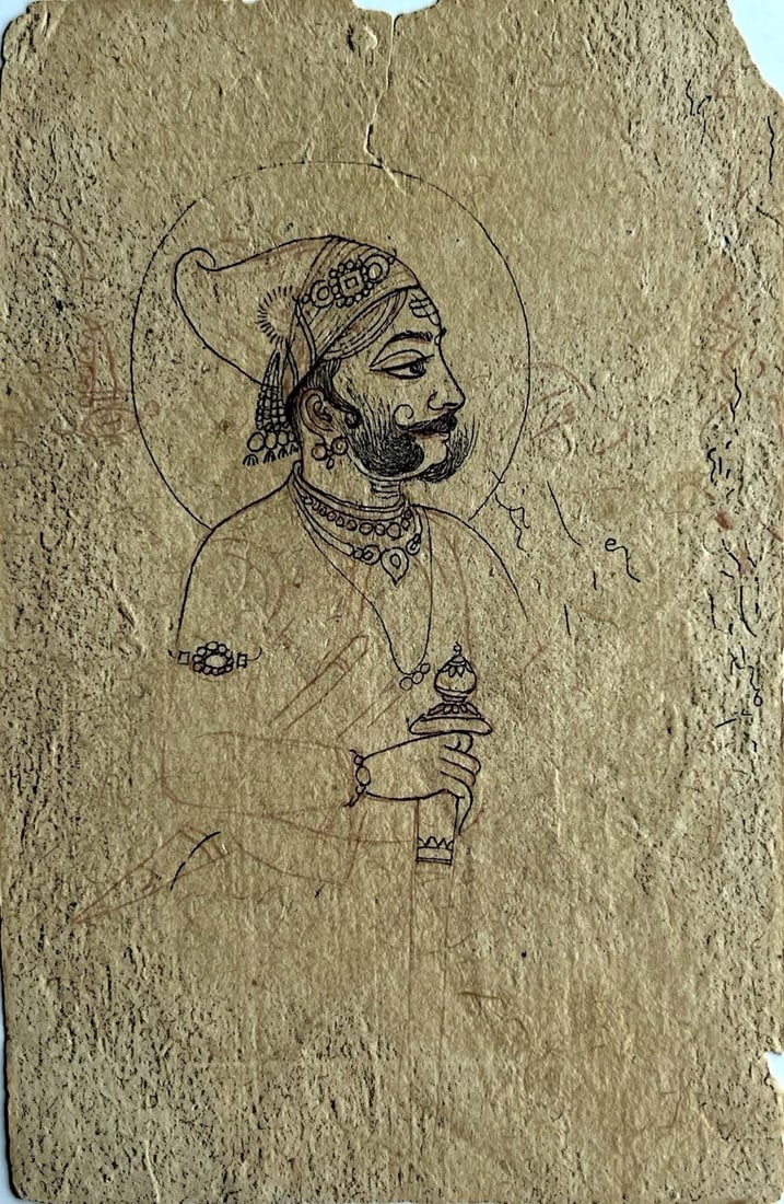 INDIAN MINIATURE PAINTING SKETCH - PORTRAIT OF THE MAHARAJA (UDAIPUR SCHOOL): INDIAN MINIATURE PAINTING SKETCH - PORTRAIT OF THE MAHARAJA (UDAIPUR SCHOOL) THIS REGAL MINIATURE SKETCH FROM THE UDAIPUR SCHOOL PRESENTS A STRIKING PORTRAIT OF THE MAHARAJA, CAPTURING THE DIGNITY AND