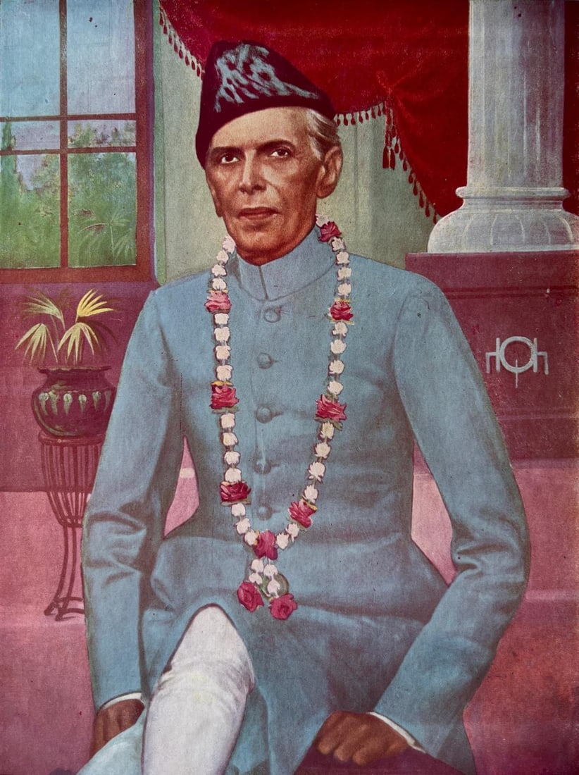 PORTRAIT OF MUHAMMAD ALI JINNAH - THE FOUNDER OF PAKISTAN: PORTRAIT OF MUHAMMAD ALI JINNAH - THE FOUNDER OF PAKISTAN THIS IS A VINTAGE ARTISTIC PORTRAIT OF MUHAMMAD ALI JINNAH, ALSO KNOWN AS QUAID-E-AZAM, THE FOUNDER OF PAKISTAN. HE IS DEPICTED WEARING A