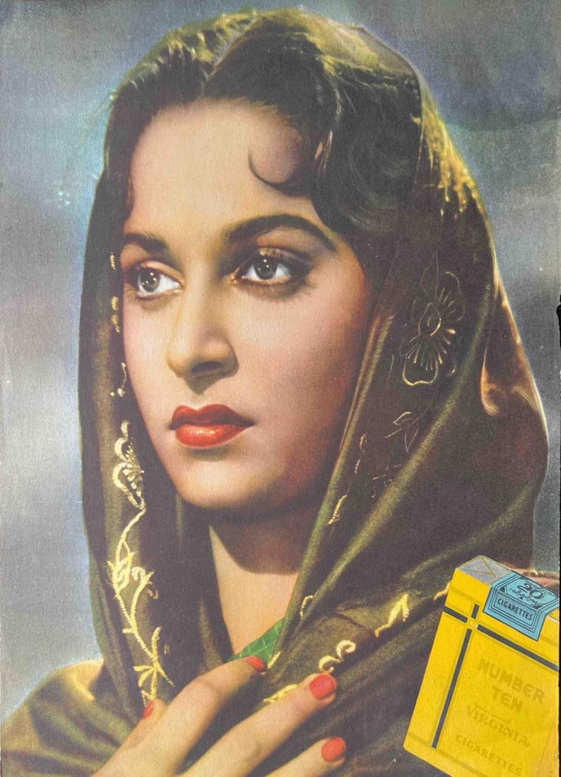 VINTAGE ADVERTISEMENT FEATURING A GRACEFUL WOMAN IN TRADITIONAL ATTIRE: VINTAGE ADVERTISEMENT FEATURING A GRACEFUL WOMAN IN TRADITIONAL ATTIRE THIS IS A RETRO-STYLE POSTER SHOWCASING A BEAUTIFUL WOMAN DRAPED IN AN ELEGANT, EMBROIDERED DUPATTA WITH A GRACEFUL AND