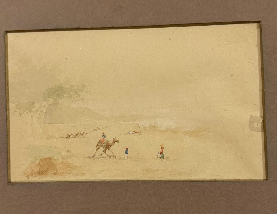 PAIR OF ENGLISH SCHOOL WATERCOLOURS DEPICTING DESERT LANDSCAPES WITH FIGURES AND CAMELS - 3