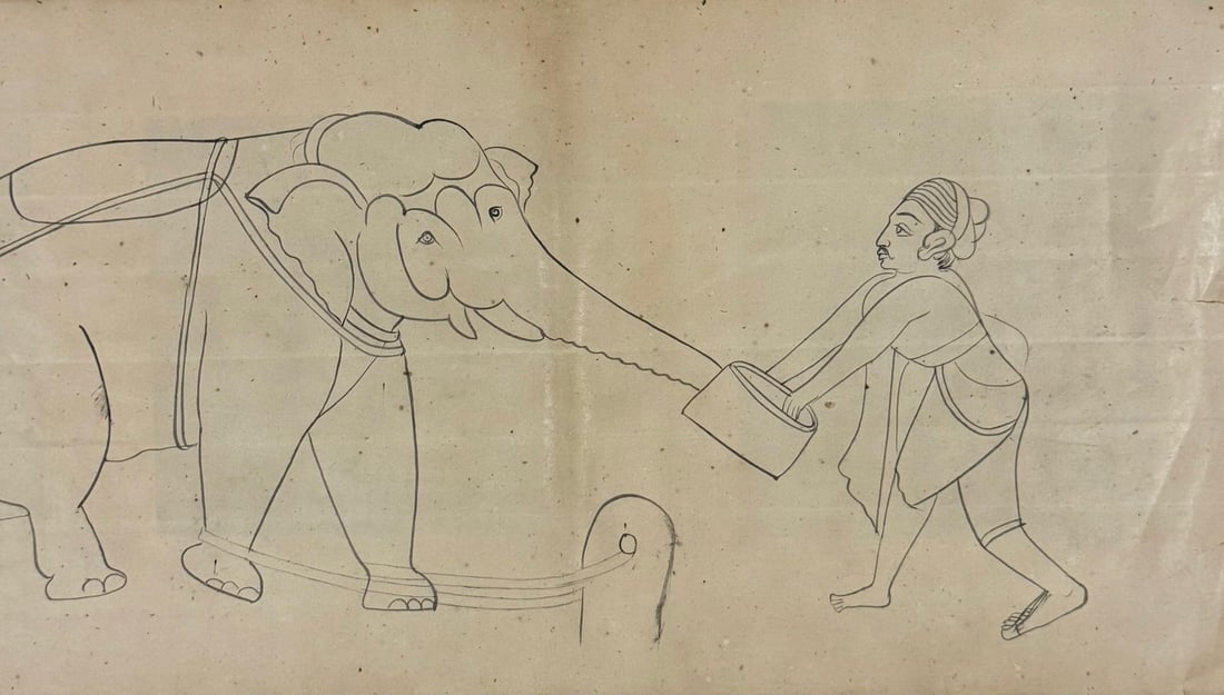 LARGE LINE DRAWING OF AN ELEPHANT BEING FED BY ITS CARETAKER, MEWAR SCHOOL, 19TH CENTURY - 2