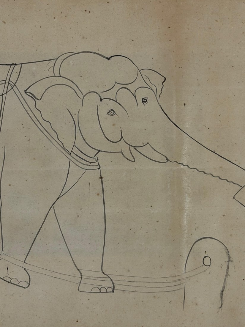 LARGE LINE DRAWING OF AN ELEPHANT BEING FED BY ITS CARETAKER, MEWAR SCHOOL, 19TH CENTURY - 3