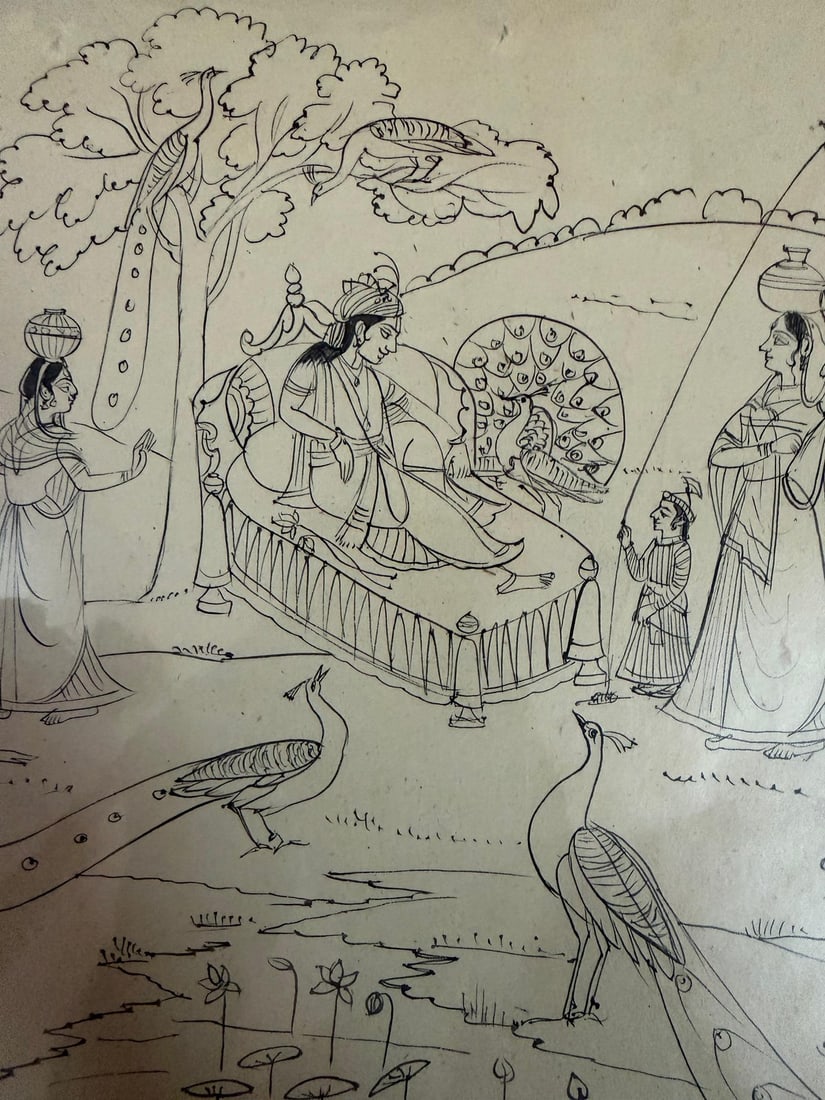 NATHDWARA SCHOOL FINE LINE DRAWING OF KRISHNA WITH COWS AND PEACOCKS IN A RURAL LANDSCAPE, 19TH - 2