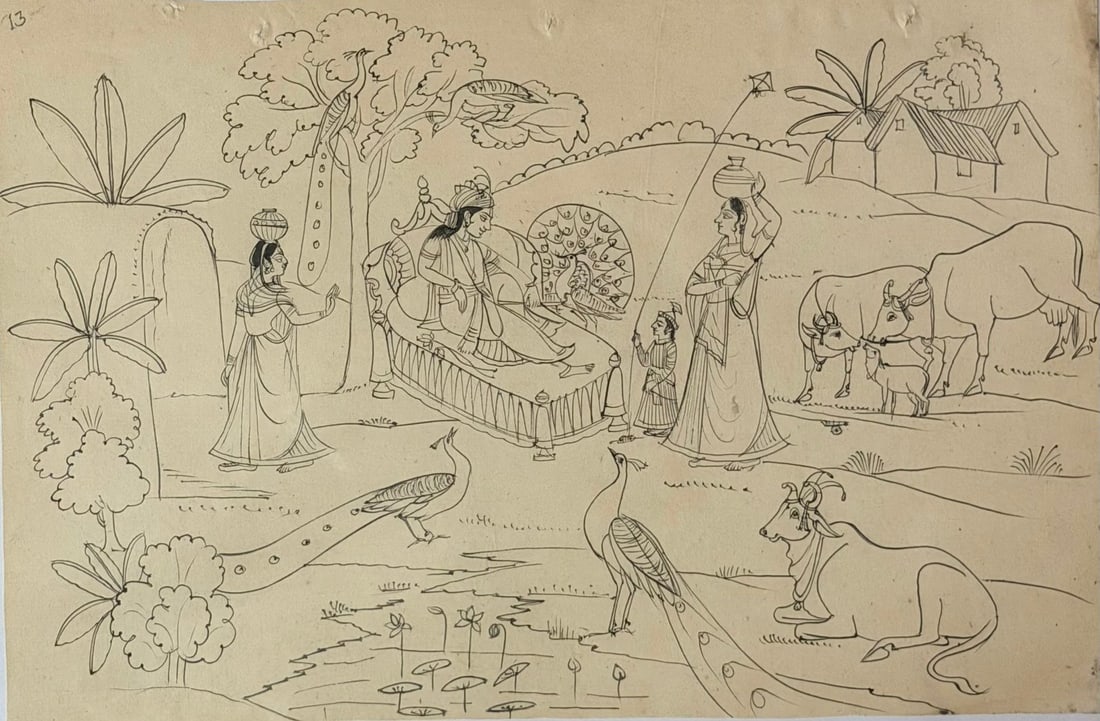 NATHDWARA SCHOOL FINE LINE DRAWING OF KRISHNA WITH COWS AND PEACOCKS IN A RURAL LANDSCAPE, 19TH - 3