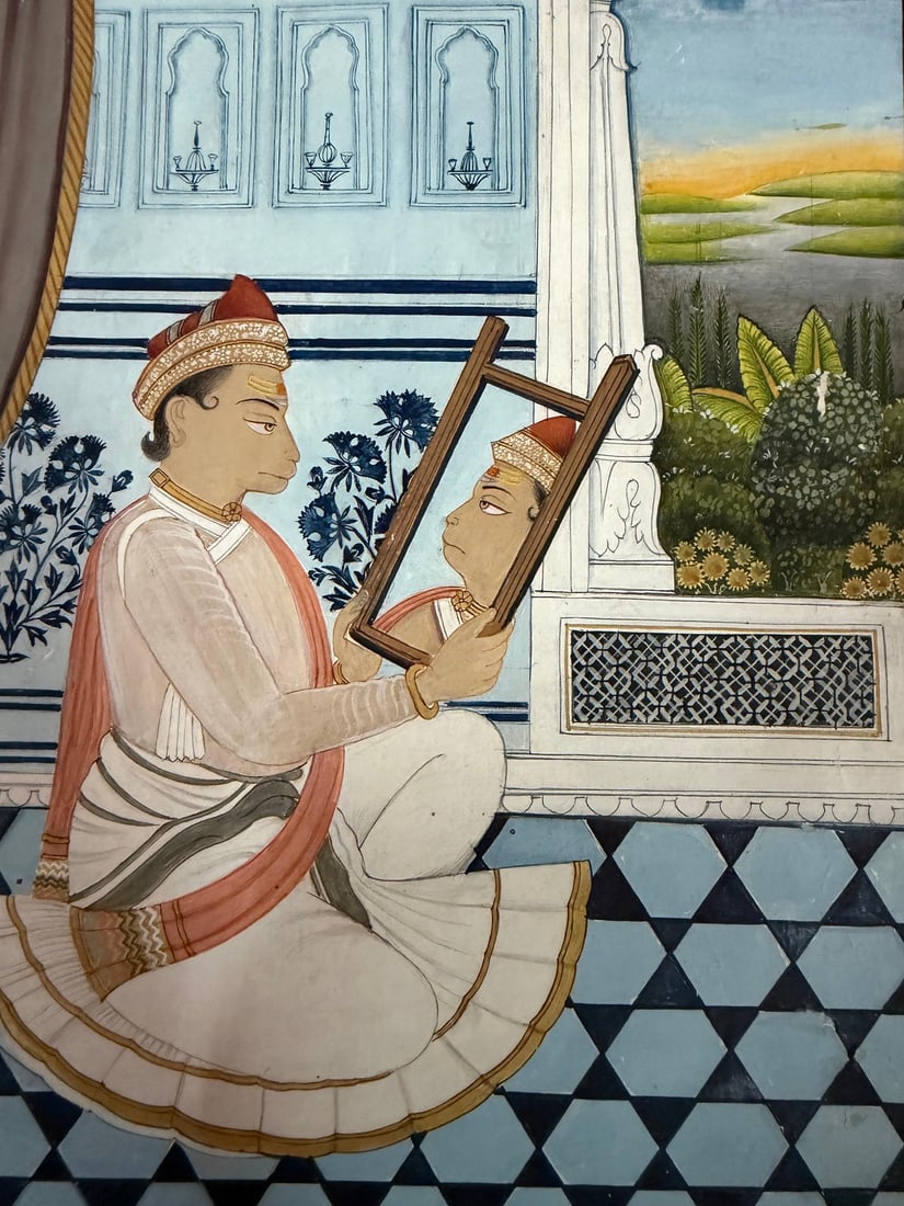 RARE RAJASTHANI MINIATURE PAINTING OF LORD HANUMAN IN ROYAL ATTIRE GAZING INTO A MIRROR, 19TH - 2