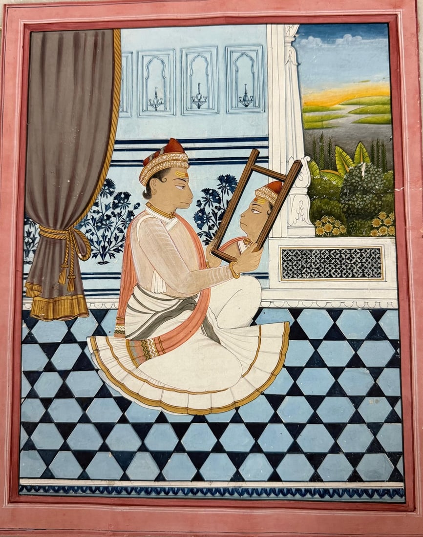 RARE RAJASTHANI MINIATURE PAINTING OF LORD HANUMAN IN ROYAL ATTIRE GAZING INTO A MIRROR, 19TH - 3