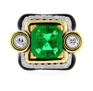 David Webb Emerald and Diamond Ring: From David Webb, a beautiful emerald ring with diamonds and black enamel. The ring does have a U guard in it. * Designer: David Webb * Metal: 18 karat gold * Circa: 1980s * Size: 5, cannot be resized