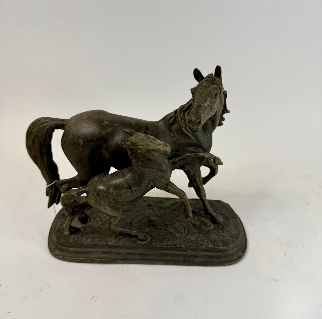 Spelter Mare and Colt Statue: Mare with colt statue, early 20th century, made of spelter