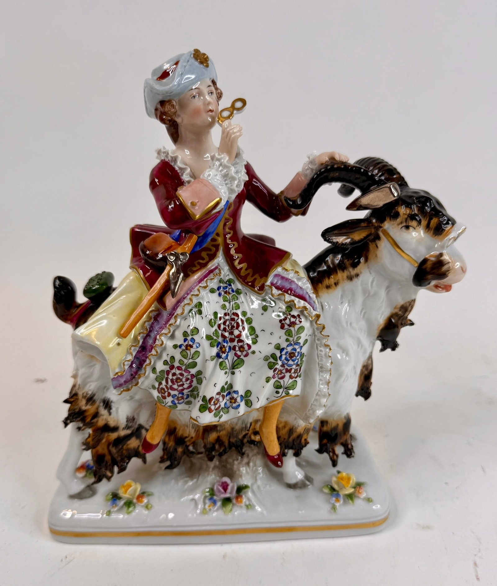 Tailor's Wife Woman On Goat Figurine: 20th Century Sitzendorf Style Tailor'S Wife Woman On Goat Figurine-Reproduction