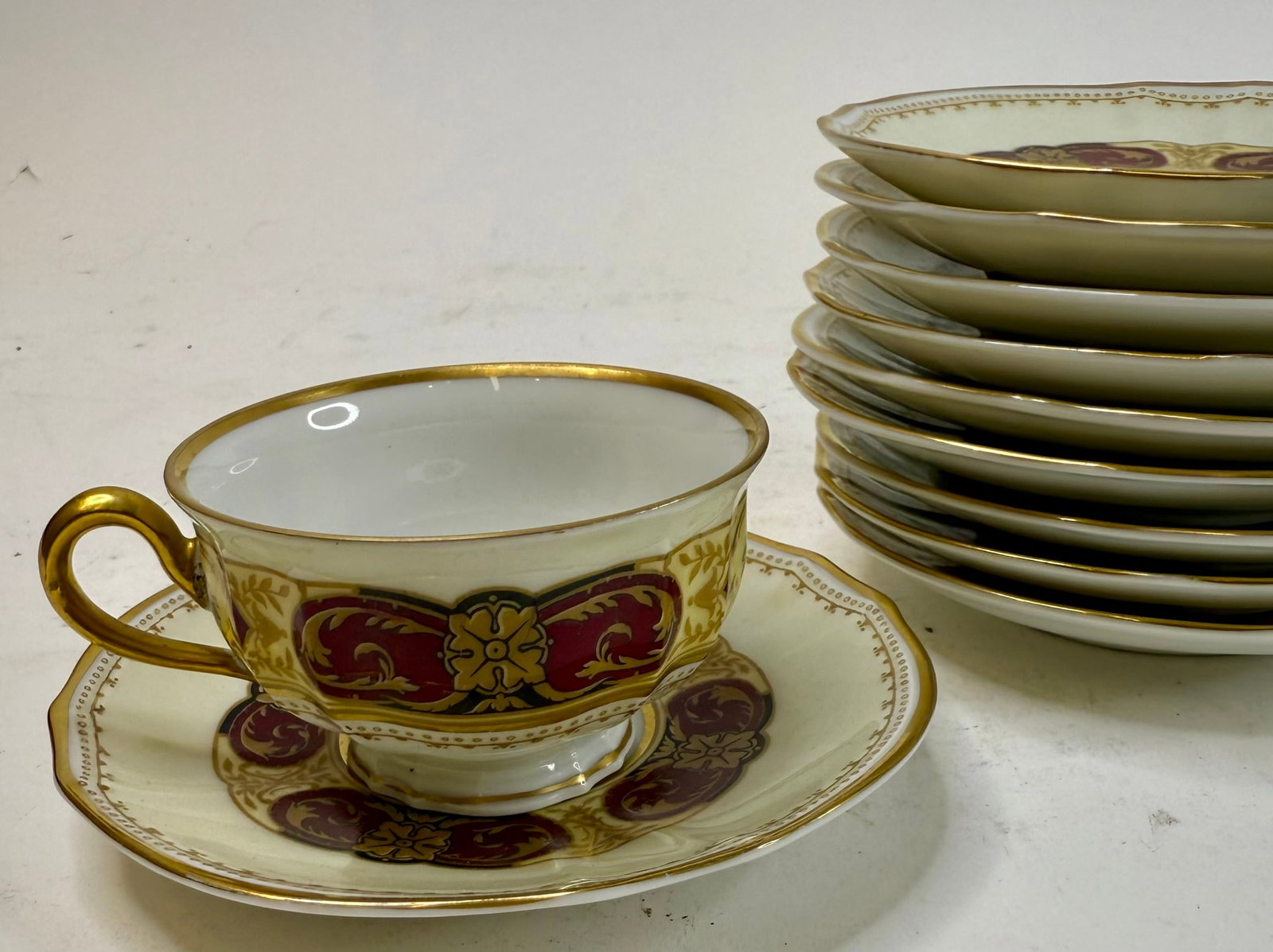 Set of 10 Furstenburg Demitasse Cups and Saucers Made in Germany: 2nd Oldest Porcelan In Germany, Still In Their Original Site, Cups 1.5" High, 3.25" Dim., Plates 4" Wide.