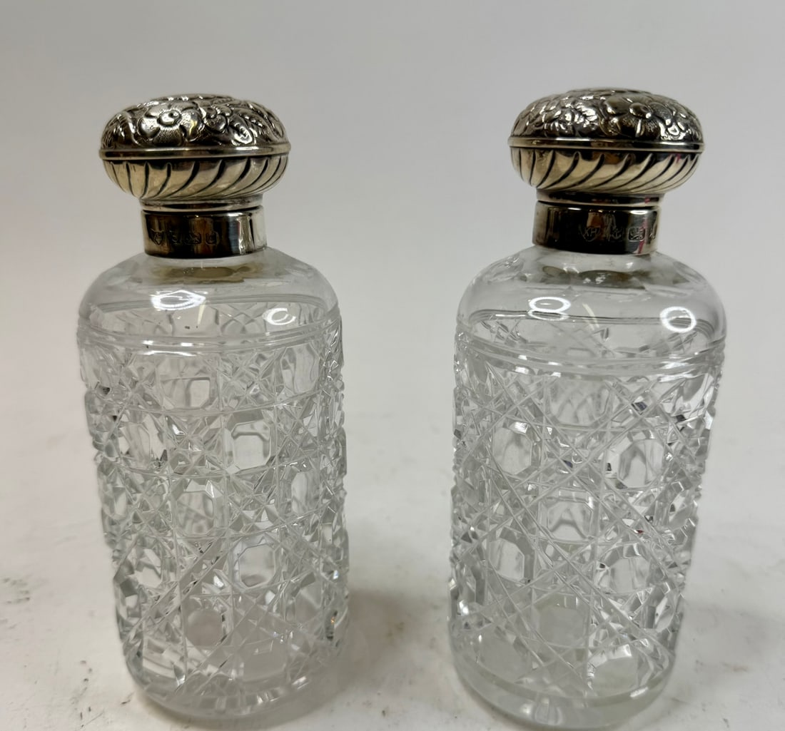 Pair English Sterling Silver Top And Brilliant Cut Crystal Toiletry Bottles (1 of 8)