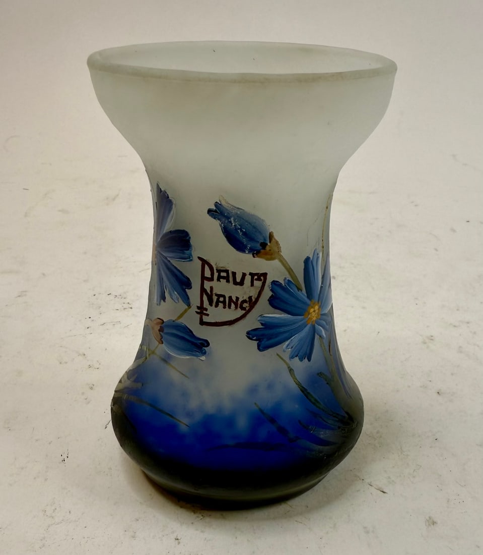 Daum Vase: With Blue Floral Decoration - Signed Daum Nancy, there is condition issue with paint on vase please see photos.